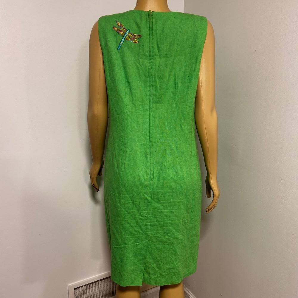 Betsy Lauren 90s Y2K Green Linen Blend Dragonfly Embroidered Sheath Dress M/L 14 - Picture 5 of 10